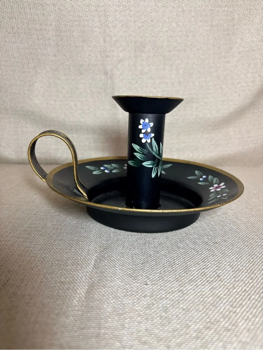 Vintage Centrum Toleware Chamberstick Candle Holder Hand Painted Floral 1989